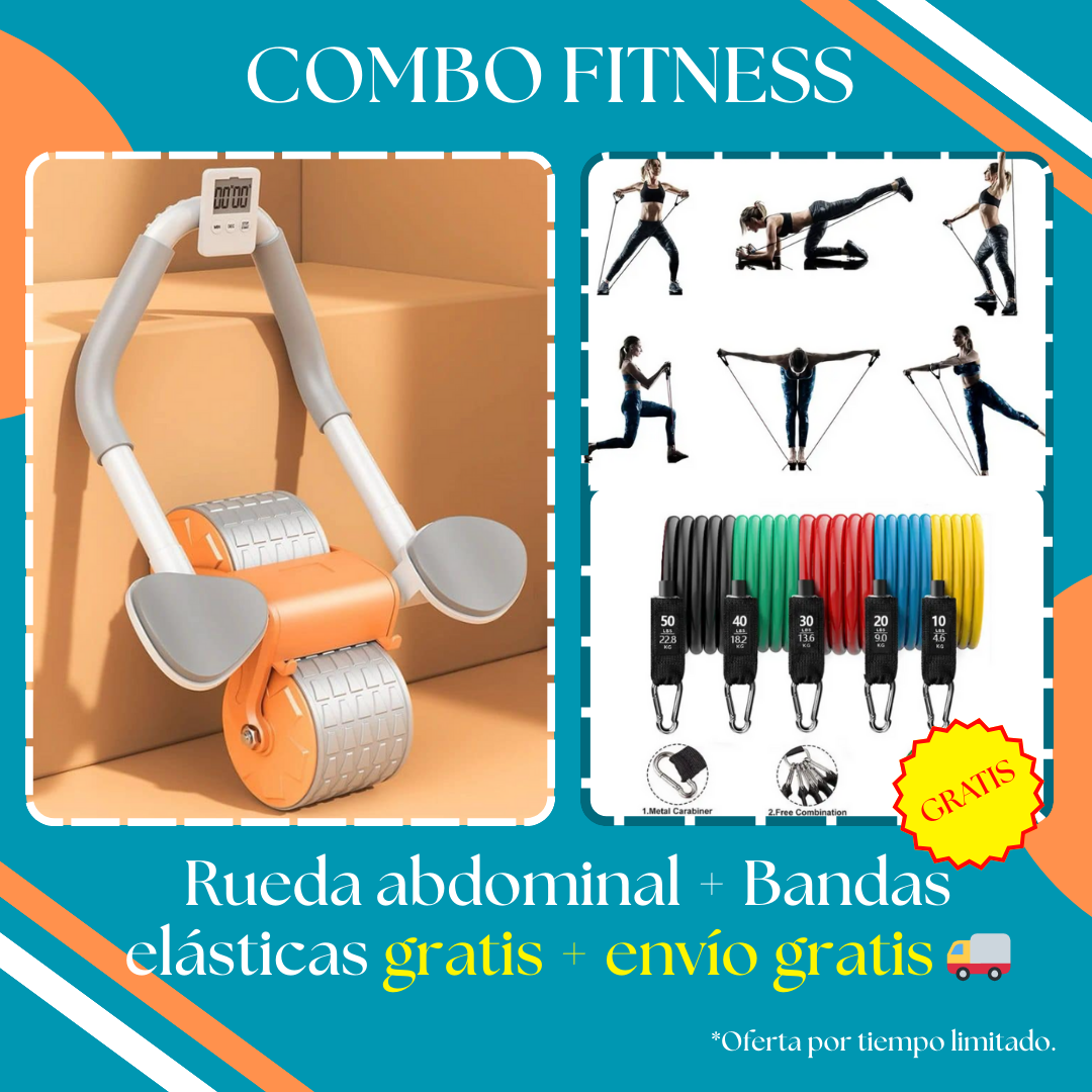 COMBO FITNESS RUEDA ABDOMINAL + BANDAS ELASTICAS DE COLORES